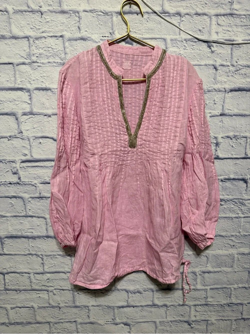 120% LINO Linen Tunic Top Pink Jeweled Lagenlook Boho Italy 46 large Oversized